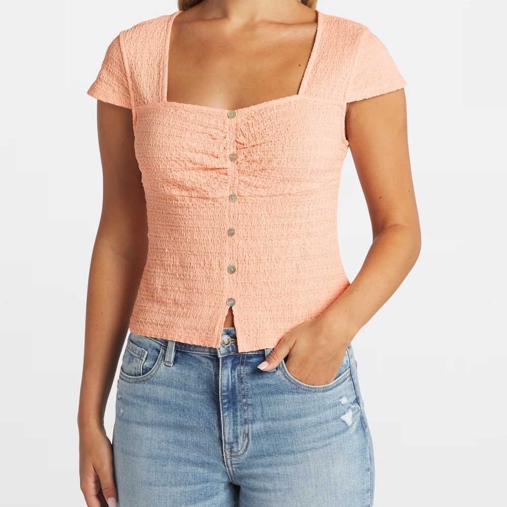 The General Good Peach Smocked Button-Front Top